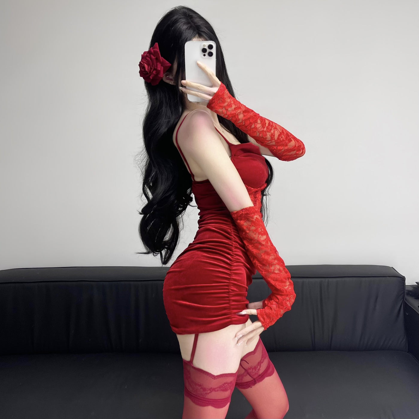 Sexy Red Christmas Lingerie Velvet Sleepwear Set – Slim-Fit Bodysuit & Hip-Hugging Skirt