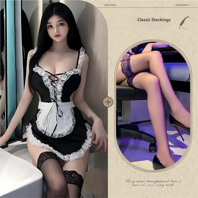 Sexy Lace Maid Lingerie – Roleplay Uniform with Tie-Up Straps and Seductive Nightdress