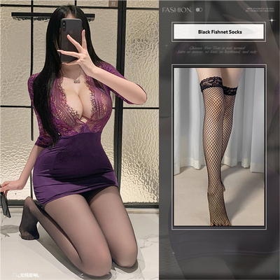 Sexy OL Secretary Uniform Lingerie, Purple Deep V Lace Sheer Erotic Nightdress, Tight-Fit Bodycon Mini Dress