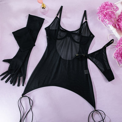 VibeWeaver Erotic Mesh Lingerie Set – Open-Back, Straps & Gloves, Three-Piece Seduction