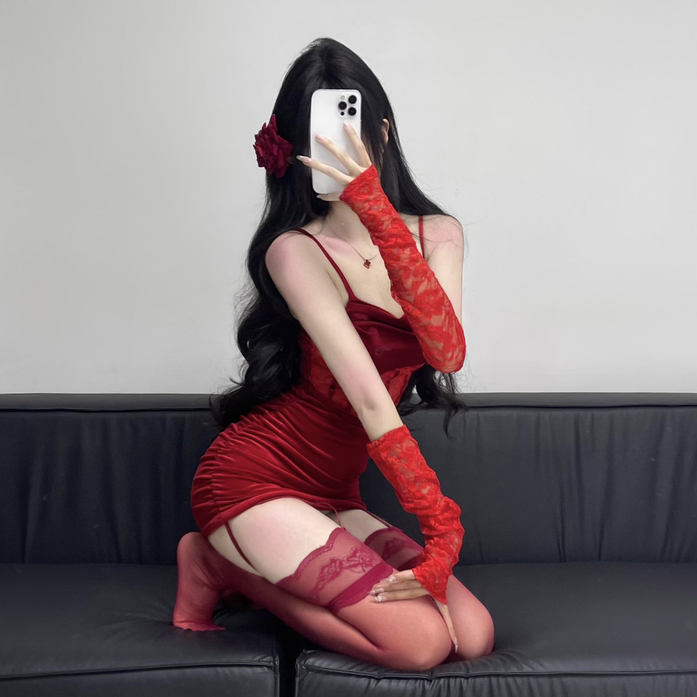 Sexy Red Christmas Lingerie Velvet Sleepwear Set – Slim-Fit Bodysuit & Hip-Hugging Skirt