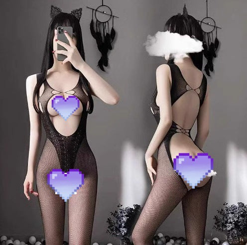 Crotchless Sheer Mesh Bodysuit Set – Sexy Uniform-Inspired Lingerie with Thigh-High Straps and See-Through Design