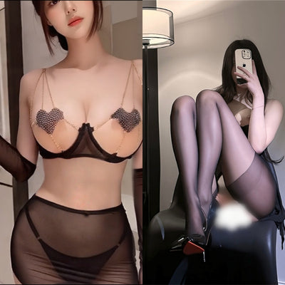 Erotic Three-Piece Lingerie Set – Sheer Cutout Design with Heart-Shaped Pasties and Metal Chain Details