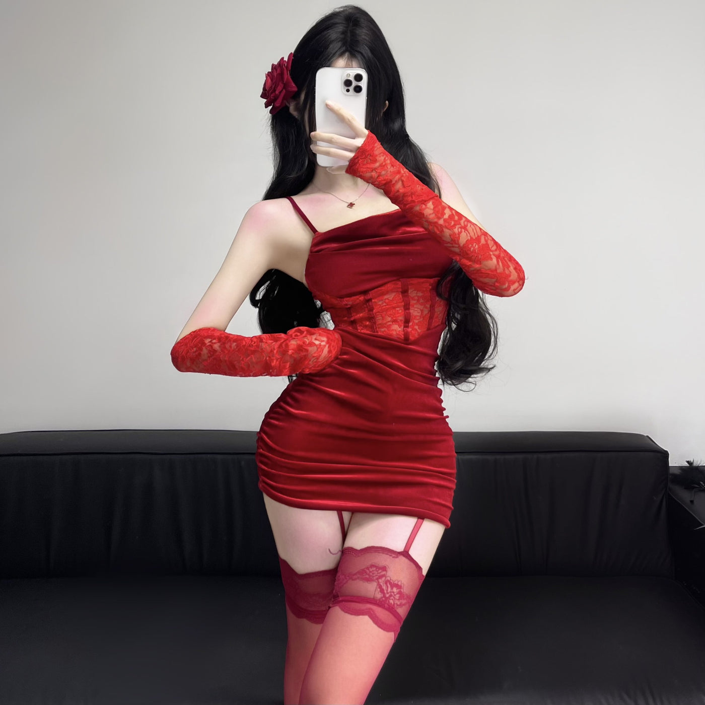 Sexy Red Christmas Lingerie Velvet Sleepwear Set – Slim-Fit Bodysuit & Hip-Hugging Skirt