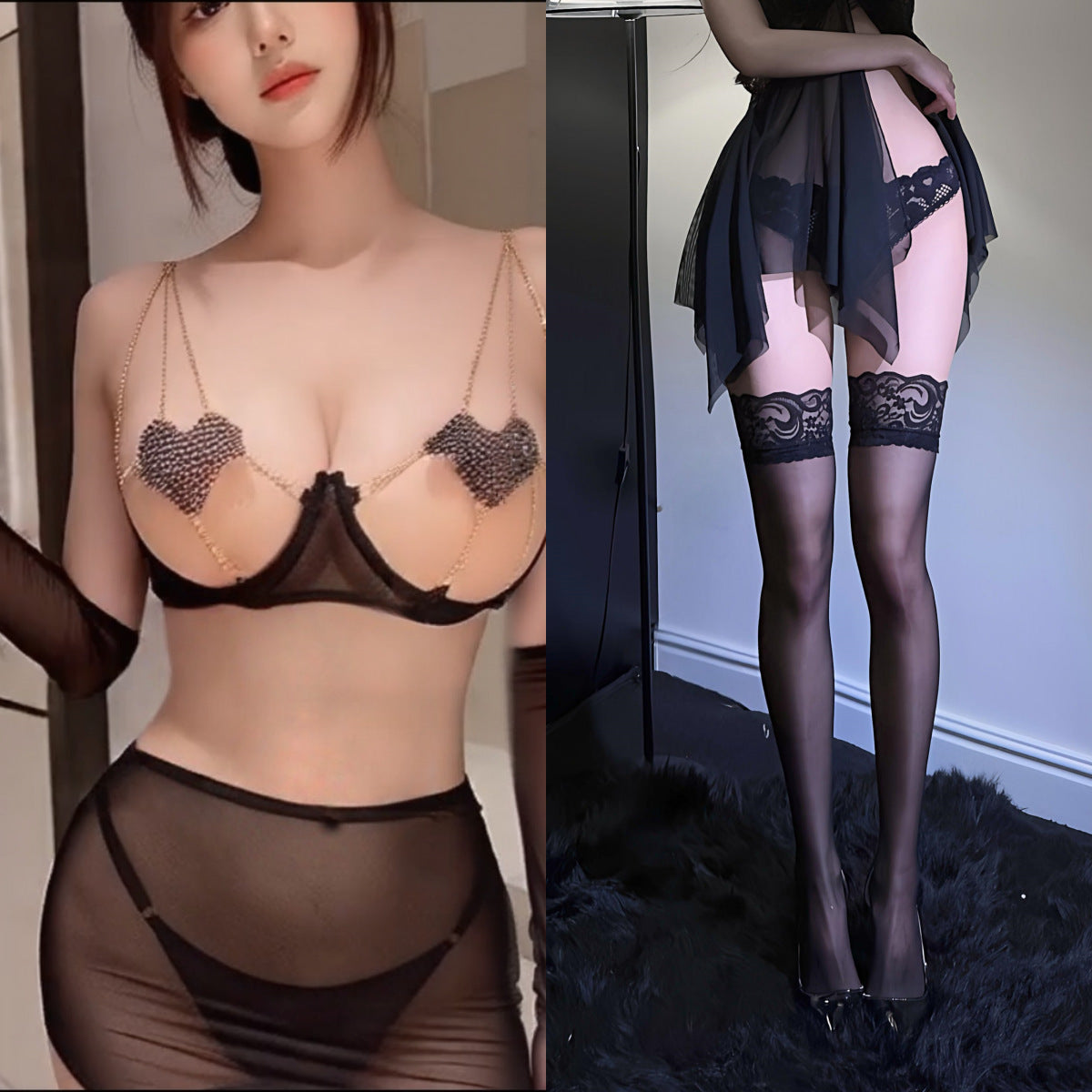 Erotic Three-Piece Lingerie Set – Sheer Cutout Design with Heart-Shaped Pasties and Metal Chain Details