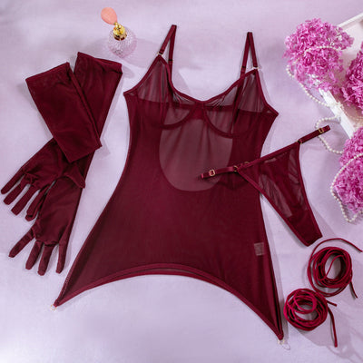 VibeWeaver Erotic Mesh Lingerie Set – Open-Back, Straps & Gloves, Three-Piece Seduction
