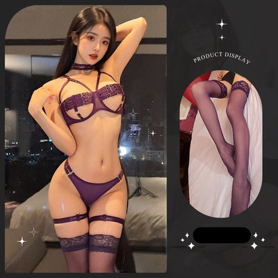 Sexy Lingerie 4-Piece Set – Underwire Bra, Strappy Leg Harness, Hollow-Out Halter, Push-Up Uniform