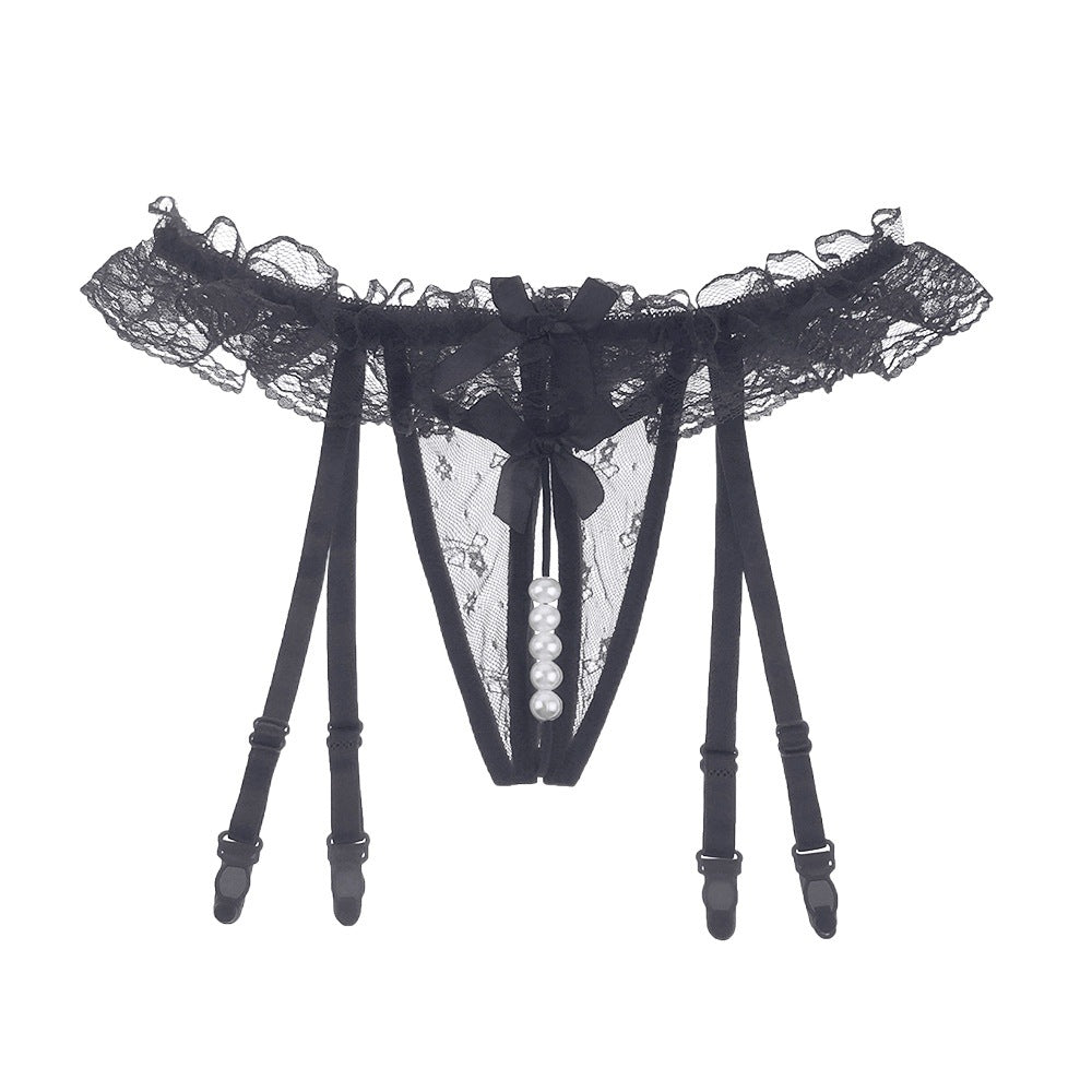Sexy Lace Garter Set with Pearl Accents – Open Crotch Stockings