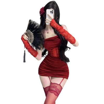 Sexy Red Christmas Lingerie Velvet Sleepwear Set – Slim-Fit Bodysuit & Hip-Hugging Skirt