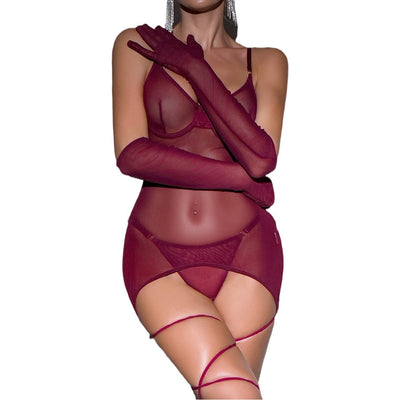 VibeWeaver Erotic Mesh Lingerie Set – Open-Back, Straps & Gloves, Three-Piece Seduction