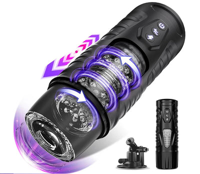 VibeWeaver Black Warrior Male Masturbator, Automatic Telescopic Rotating Hands-Free Electric Toy