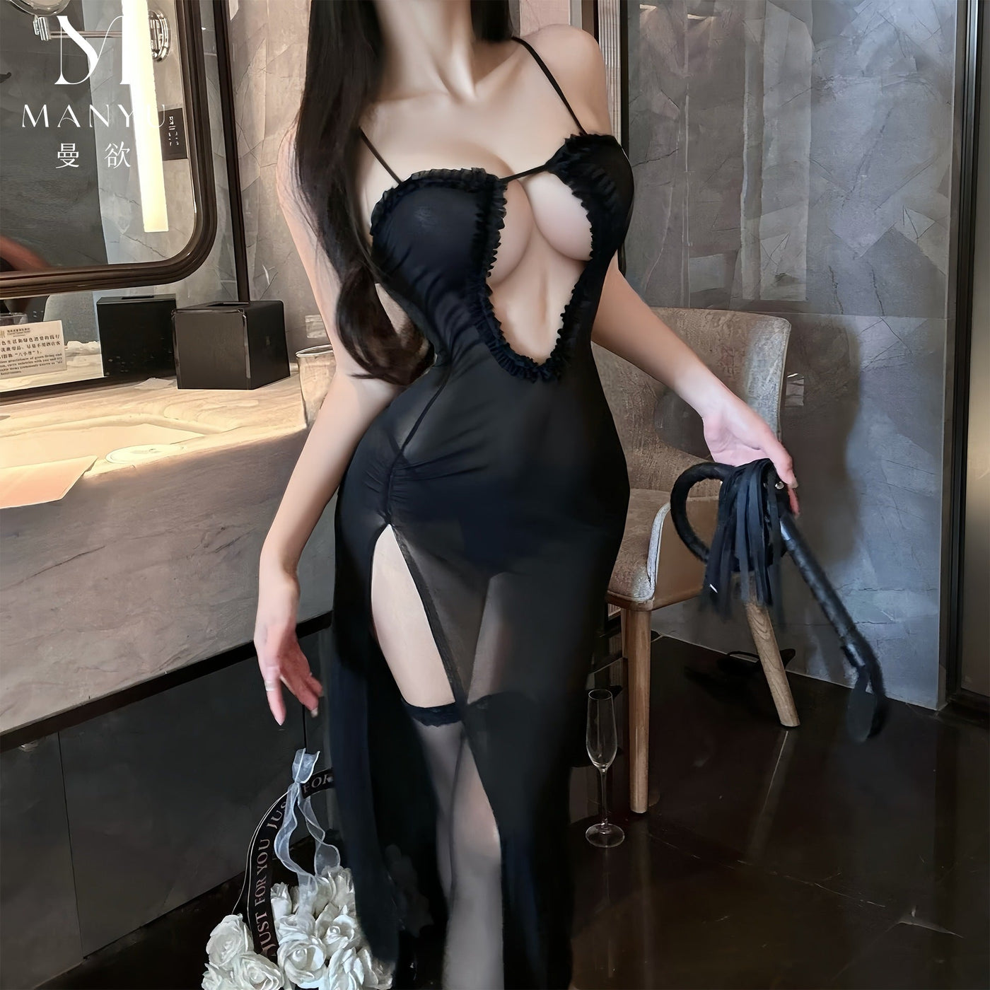 New Sexy Sheer Mesh Lingerie Dress – High-Slit, Solid Color, See-Through Club & Bedroom Wear for Women