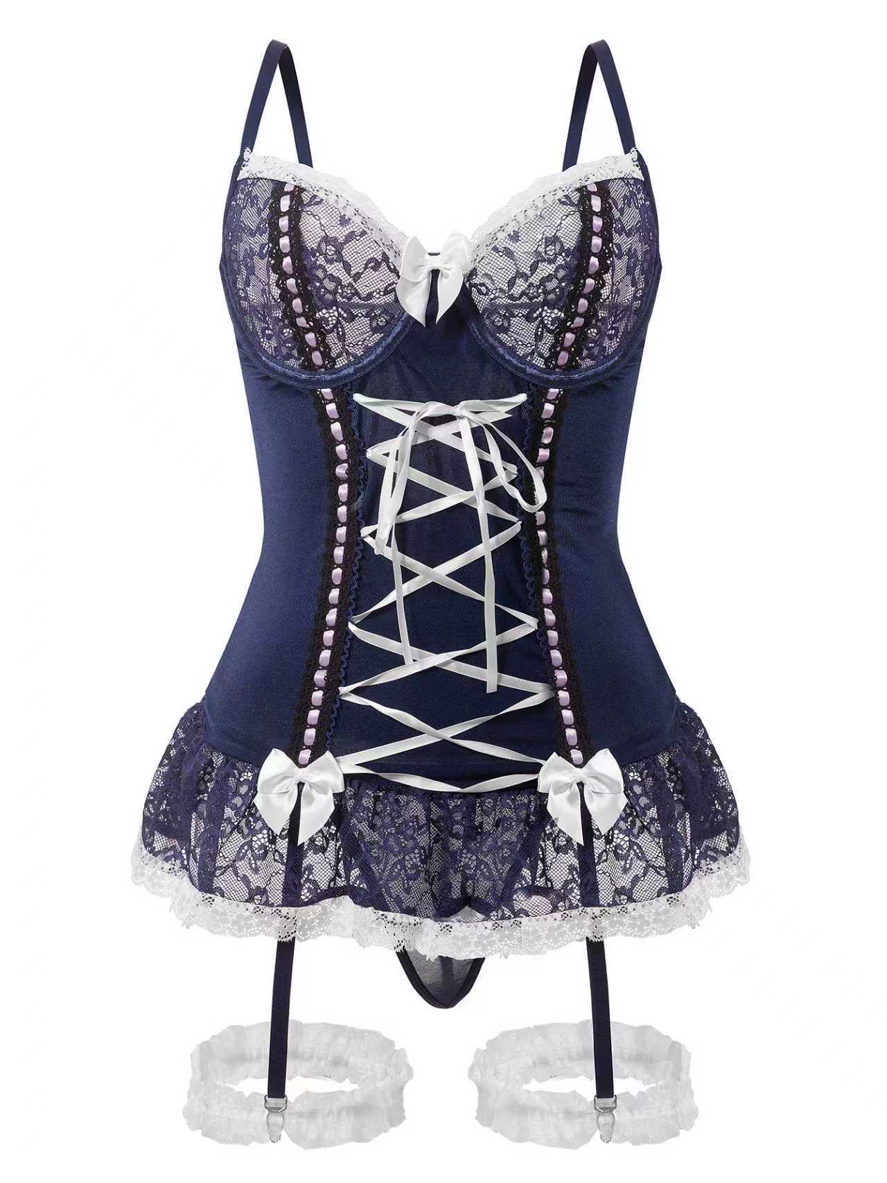 Black Mesh Backless Lingerie Set – Sexy Sheer Patchwork Bra with Garter Straps