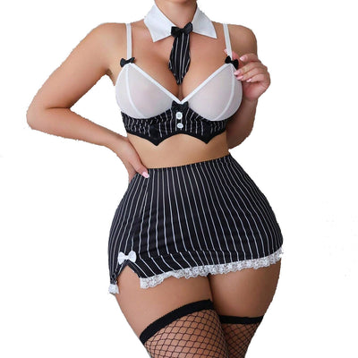 Playful Bow & Stripe Mini Skirt Lingerie – Erotic Uniform Set