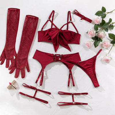 Sexy Lingerie 4-Piece Set – Hollow-Out Garter with Push-Up Design
