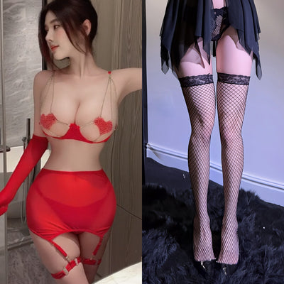 Erotic Three-Piece Lingerie Set – Sheer Cutout Design with Heart-Shaped Pasties and Metal Chain Details