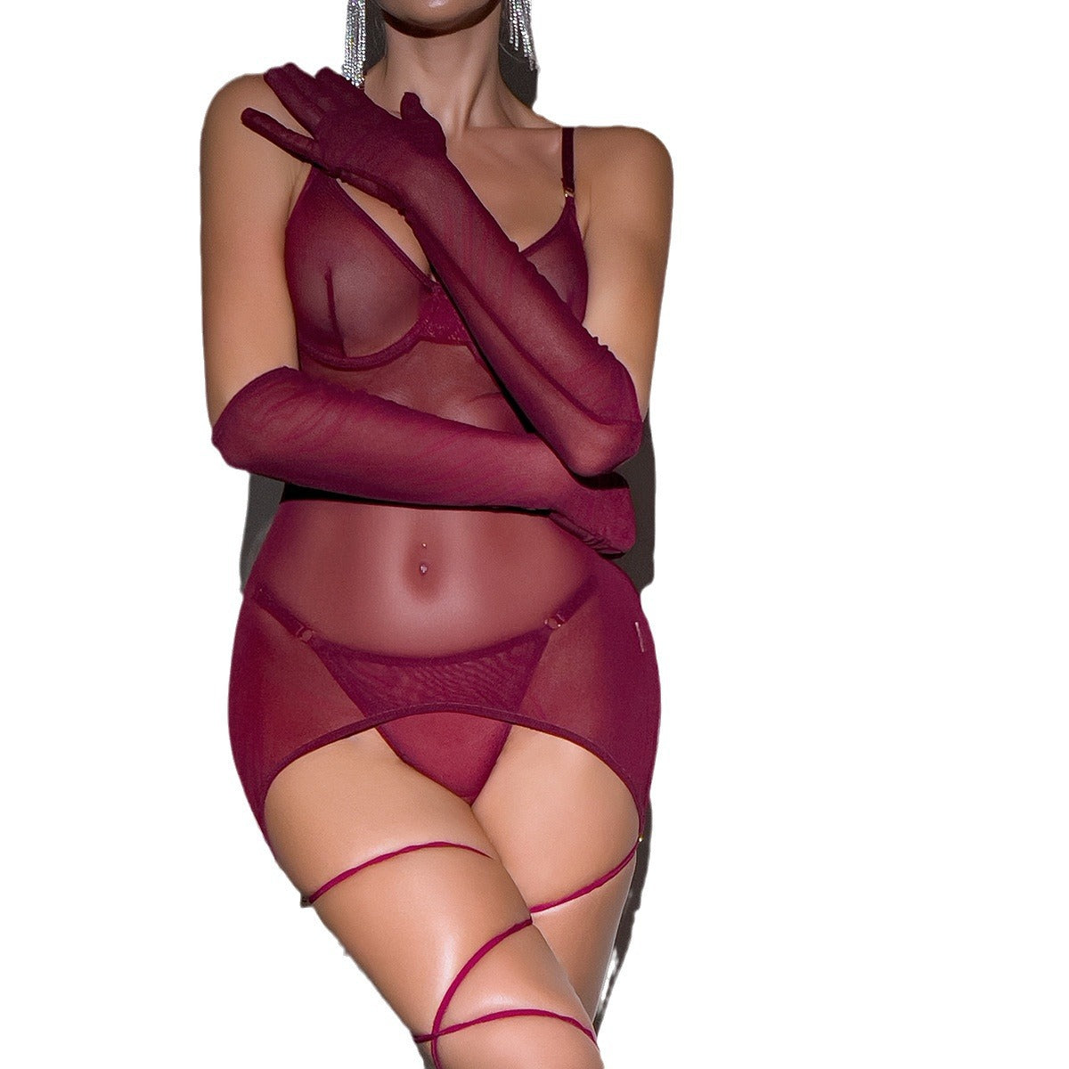 VibeWeaver Erotic Mesh Lingerie Set – Open-Back, Straps & Gloves, Three-Piece Seduction