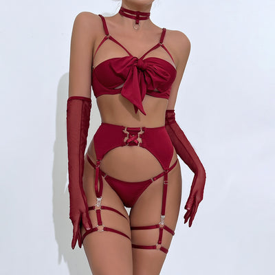 Sexy Lingerie 4-Piece Set – Hollow-Out Garter with Push-Up Design