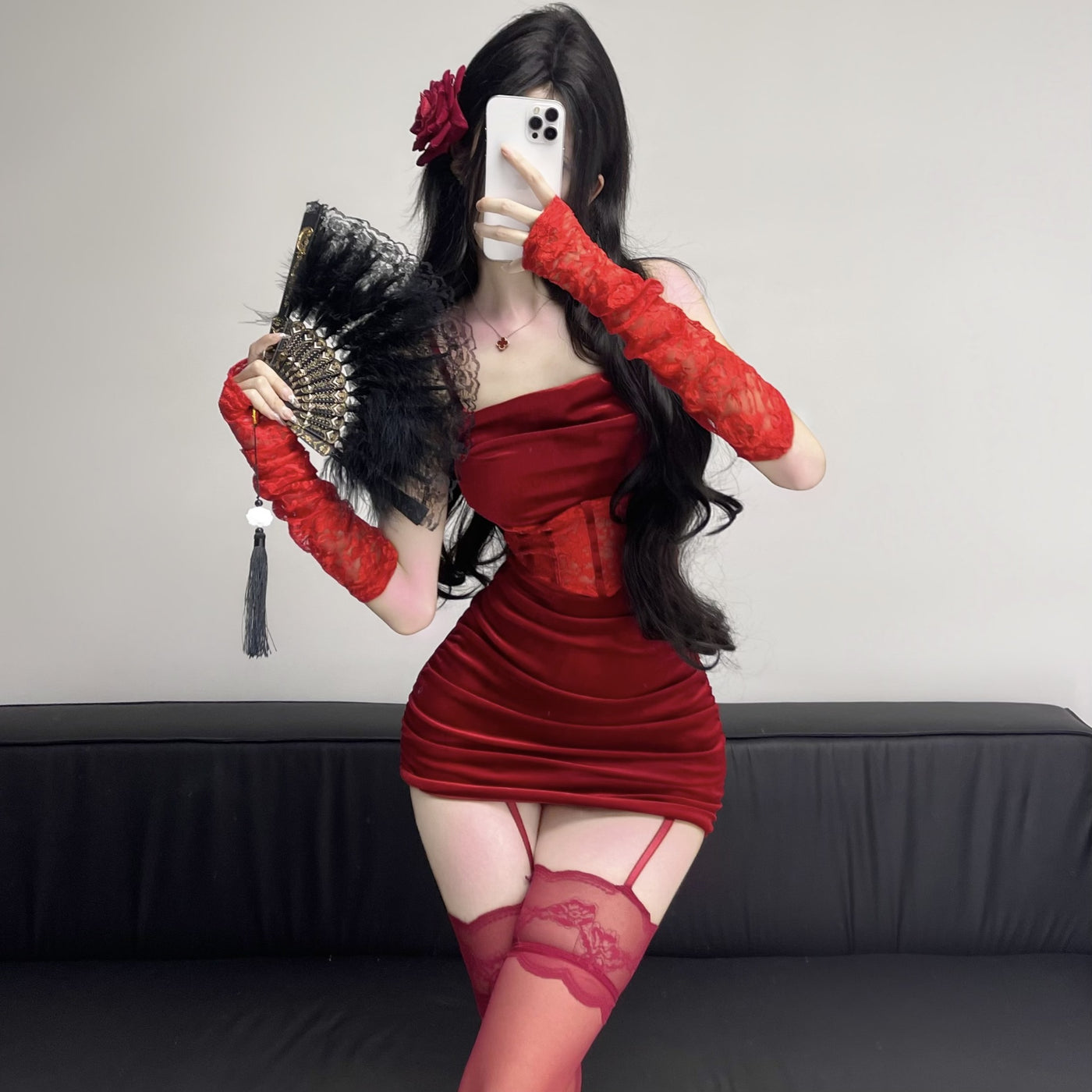 Sexy Red Christmas Lingerie Velvet Sleepwear Set – Slim-Fit Bodysuit & Hip-Hugging Skirt