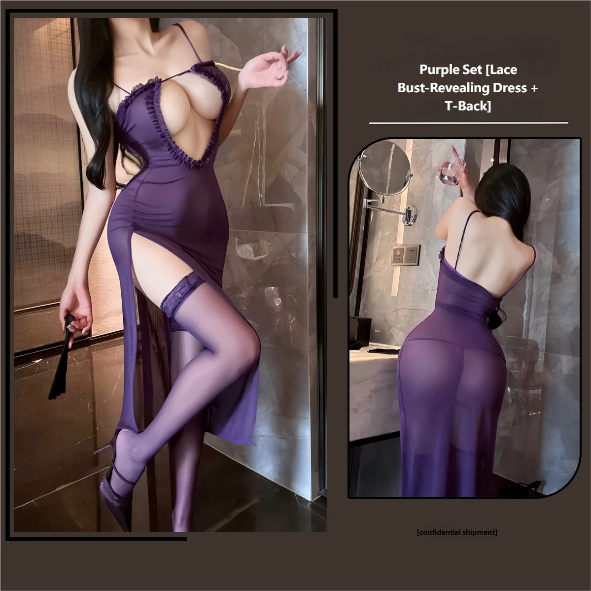 New Sexy Sheer Mesh Lingerie Dress – High-Slit, Solid Color, See-Through Club & Bedroom Wear for Women