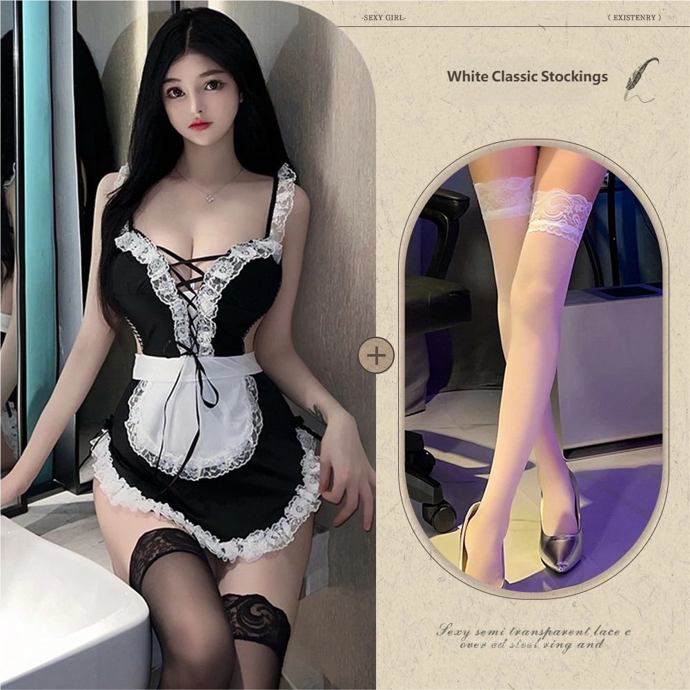 Sexy Lace Maid Lingerie – Roleplay Uniform with Tie-Up Straps and Seductive Nightdress