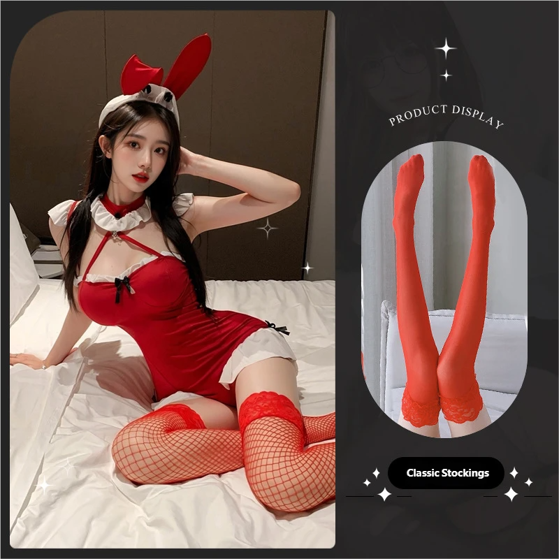 Christmas Bunny Lingerie Set – Sexy Red Open-Crotch Dress for Holiday Seduction