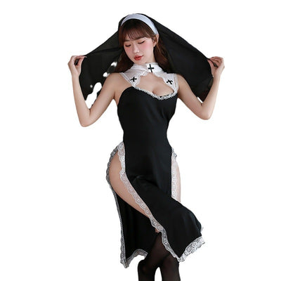 Sexy Hollow-Out Nun Costume Lingerie – Split Design Role-Play Sleepwear