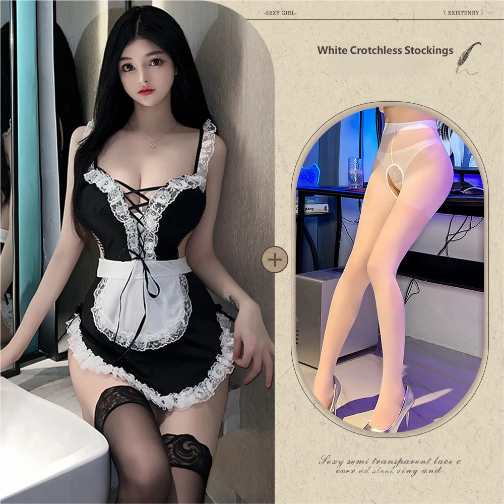 Sexy Lace Maid Lingerie – Roleplay Uniform with Tie-Up Straps and Seductive Nightdress