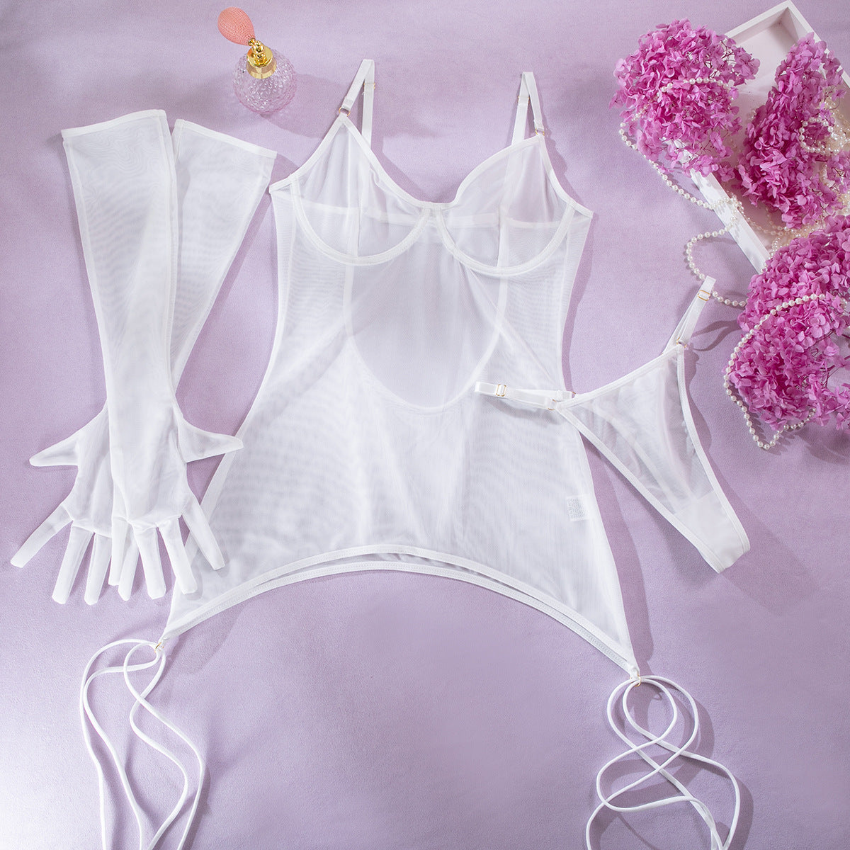 VibeWeaver Erotic Mesh Lingerie Set – Open-Back, Straps & Gloves, Three-Piece Seduction