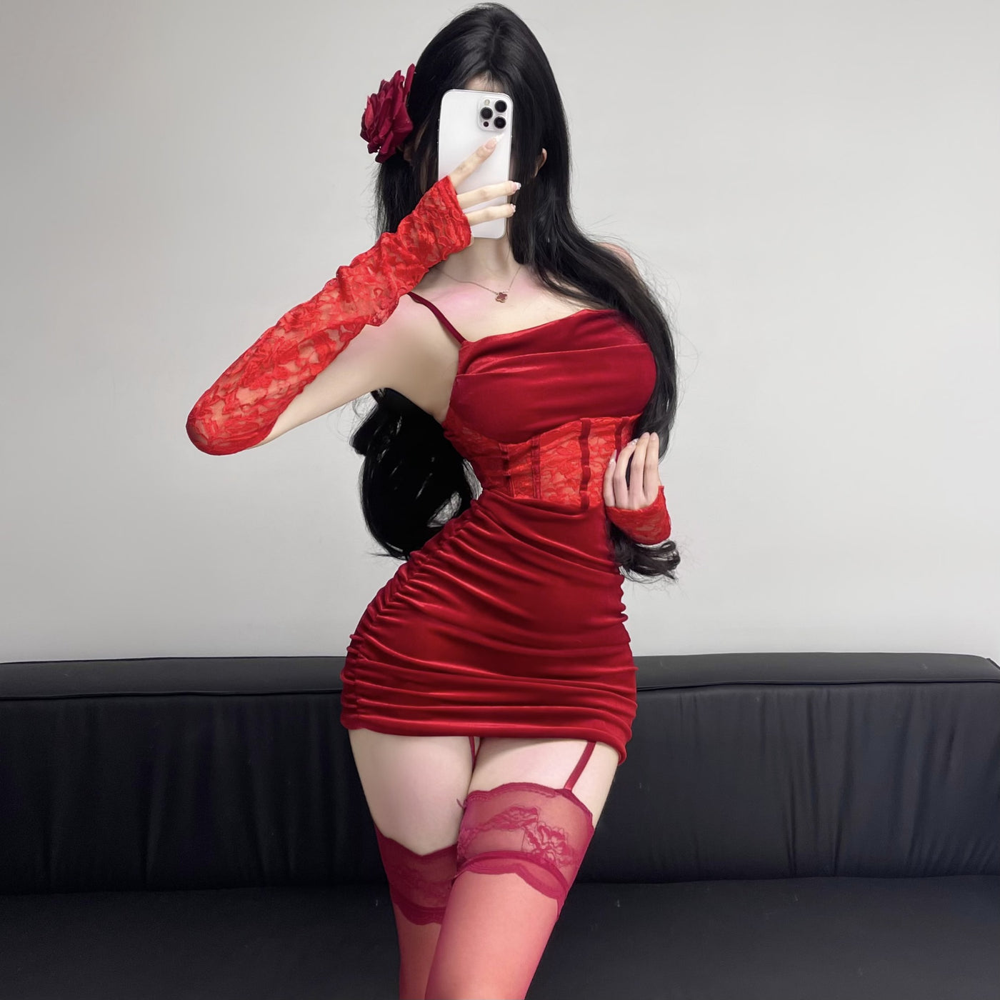 Sexy Red Christmas Lingerie Velvet Sleepwear Set – Slim-Fit Bodysuit & Hip-Hugging Skirt