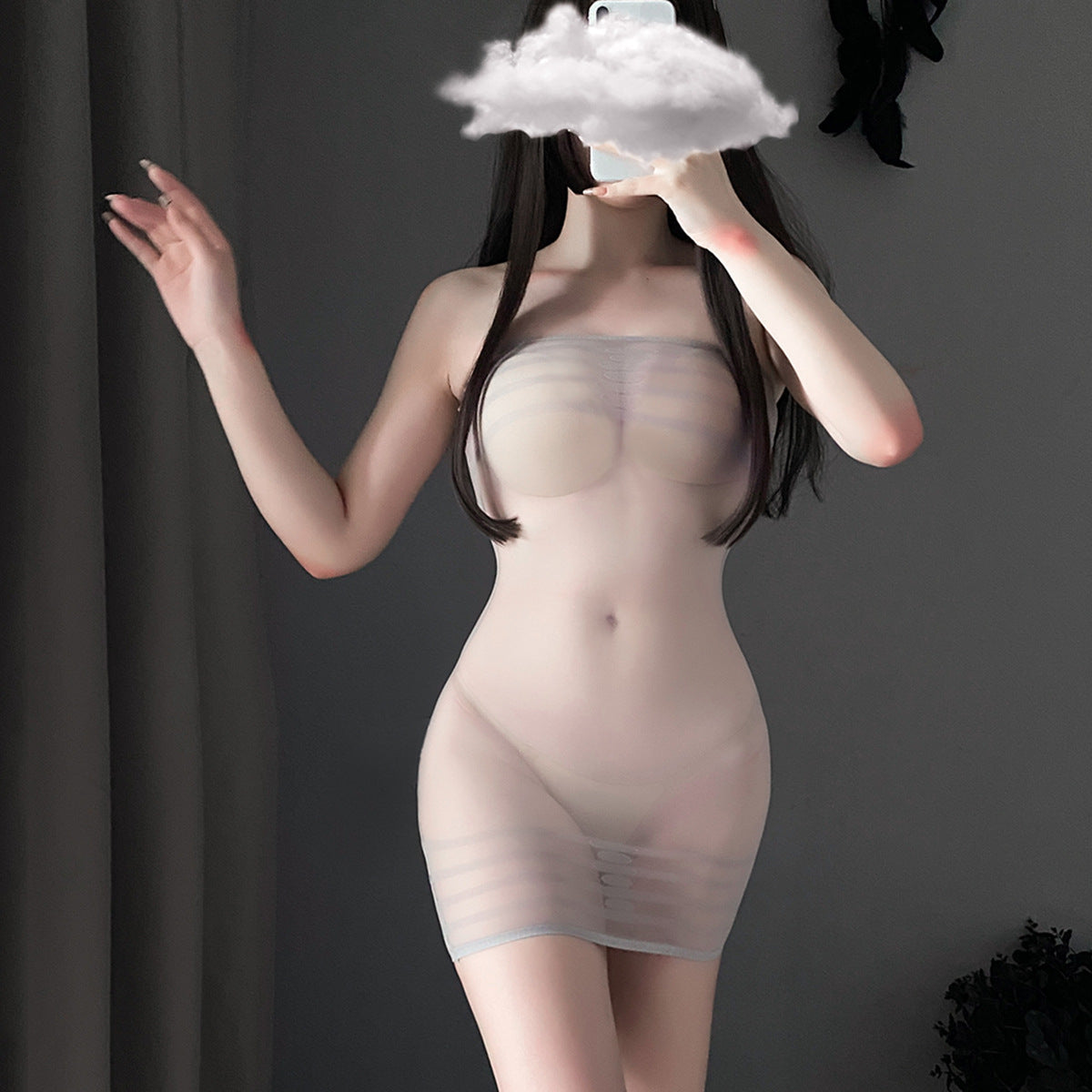 Crotchless Sheer Mesh Bodysuit Set – Sexy Uniform-Inspired Lingerie with Thigh-High Straps and See-Through Design