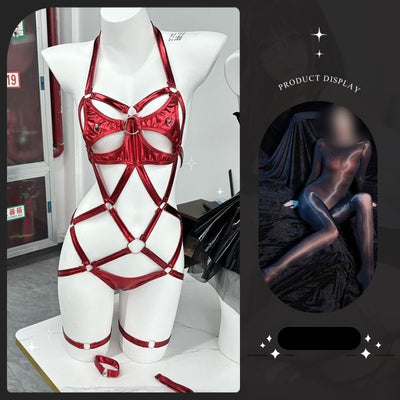 Shiny Leather Bunny Bondage Lingerie Set – Seductive Strappy One-Piece with Fetish Charm