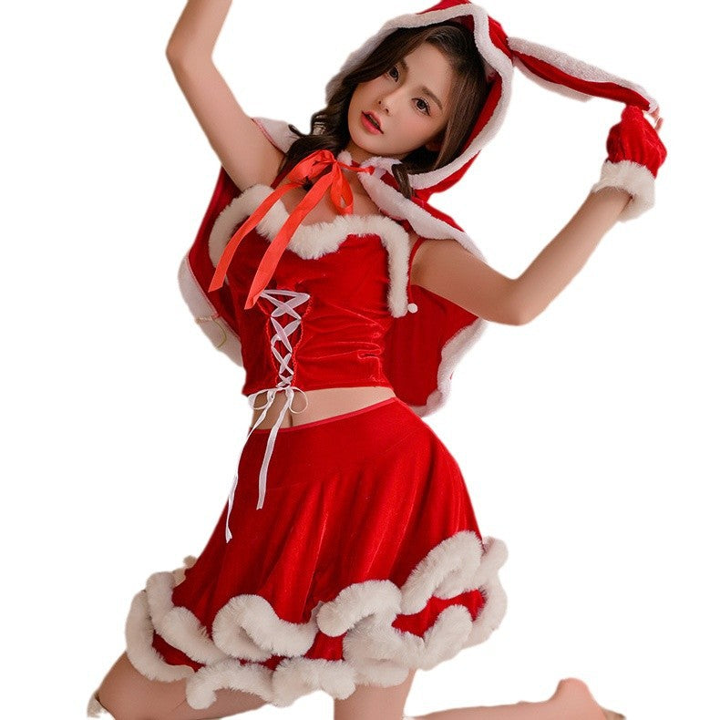 Sexy Christmas Lingerie Bunny Outfit – Red Hollow Temptation Cape Set (Special Edition)