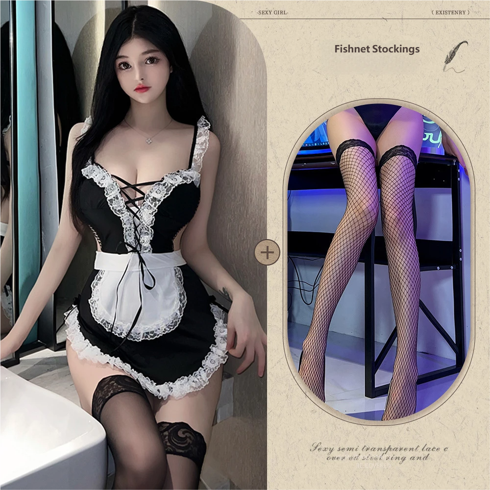 Sexy Lace Maid Lingerie – Roleplay Uniform with Tie-Up Straps and Seductive Nightdress