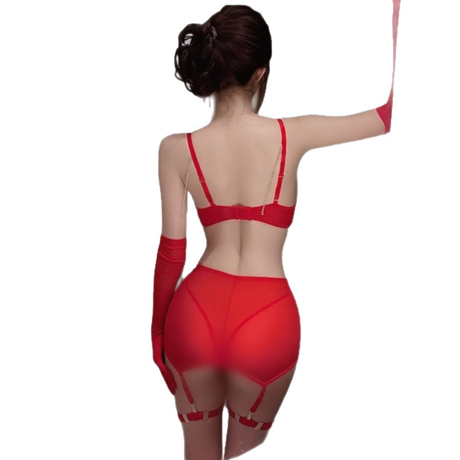 Erotic Three-Piece Lingerie Set – Sheer Cutout Design with Heart-Shaped Pasties and Metal Chain Details