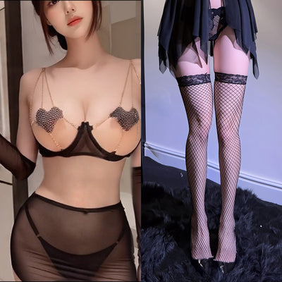 Erotic Three-Piece Lingerie Set – Sheer Cutout Design with Heart-Shaped Pasties and Metal Chain Details